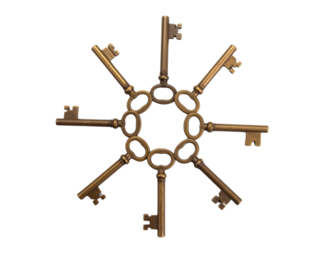 Five Antique Keys Arranged in Circular Pattern, Isolated on White Background