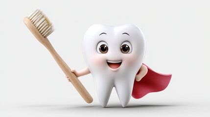 Cheerful cartoon tooth character promotes dental hygiene with a toothbrush