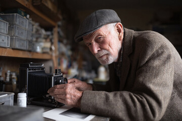 Senior man with vintage camera. Evokes nostalgia, expertise, and artistry. Use for photography, history, or retirement concepts. Warm, authentic, and compelling.