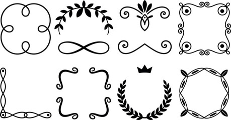 Elegant Black Swirl and Laurel Wreath Frame Design Elements