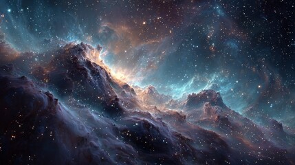Fototapeta premium Celestial expanse shows glowing clouds, stars, and teal sky creating cosmic scene