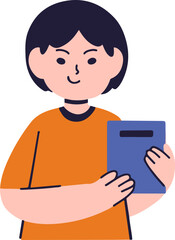 Smiling child holding a book, happy expression, casual attire, simple illustration.