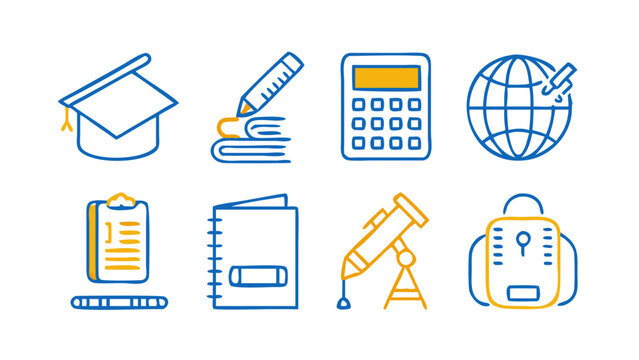 Illustration of various educational tools and items in blue and yellow color scheme, arranged in a row