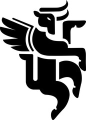 Stylized black and white graphic of a winged bull, heraldic design.