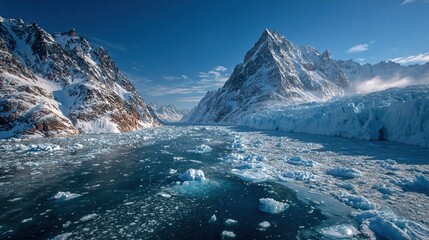 Glacial melting with dramatic ice breakage and meltwater streams, ideal for climate crisis, sea level rise, and global warming stock