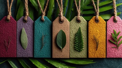 Colorful paper tags decorated with natural green leaves hung with twine create sustainable organic decorations
