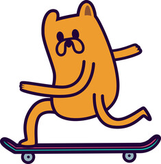 A whimsical yellow cartoon dog character with long, stretchy limbs is happily riding a purple skateboard.