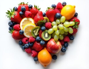 Heart shape formed by fresh fruits. Colorful assortment of strawberries, blueberries, raspberries, grapes, kiwi, lemons, orange. Healthy eating concept, organic food, natural sweetness, vitamins.