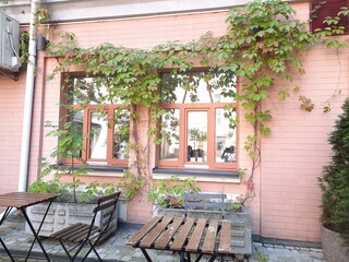 balcony with flowers and windows
