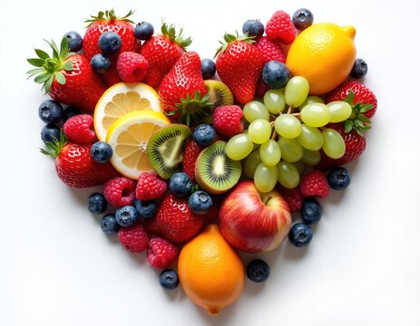 Heart shape formed by fresh fruits. Colorful assortment of strawberries, blueberries, raspberries, grapes, kiwi, lemons, orange. Healthy eating concept, organic food, natural sweetness, vitamins.