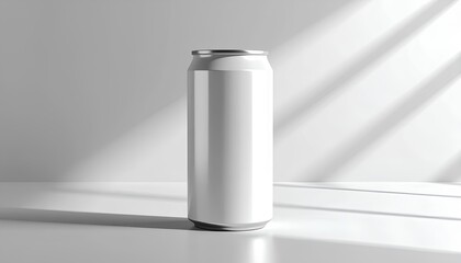 Sleek white aluminum drink can mockup on a clean surface with natural sunlight casting shadows for product branding.
