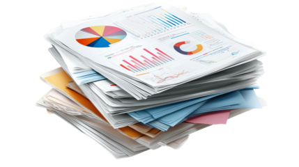 Stack of business documents with charts and graphs, realistic paper texture, isolated PNG