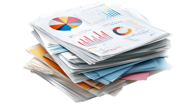 Stack of business documents with charts and graphs, realistic paper texture, isolated PNG