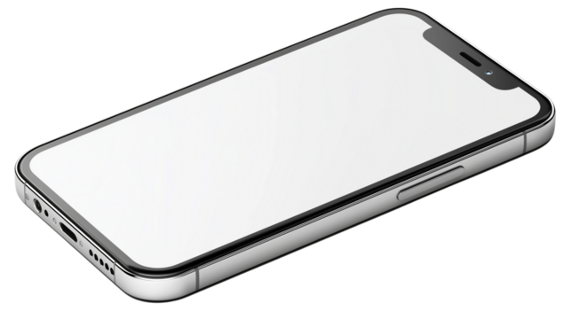 Smartphone lying flat with blank screen, isolated on transparent background
