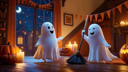 cute cartoon ghost playful with broom in his house, pumpkin, halloween