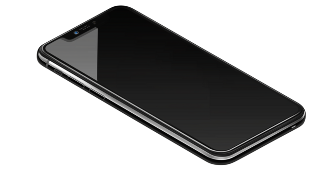 Smartphone lying flat with blank screen, isolated on transparent background