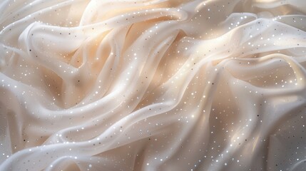  white translucent organza fabric texture, elegantly draped in soft gentle waves, decorated with small sparkling rhinestones