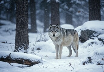 Fototapeta premium Gray wolf standing in the snowy forest during winter season