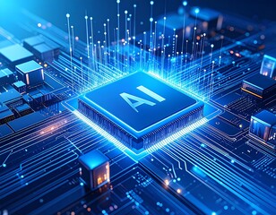 The heart of artificial intelligence a powerful glowing blue CPU processor on a futuristic circuit board.