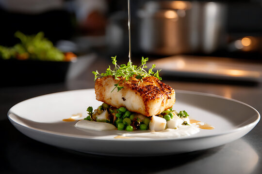 gourmet cuisine, chef in upscale kitchen creating gourmet patagonian toothfish dish