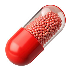 Close up of a red and clear gelatin capsule filled with tiny orange beads isolated on transparent background