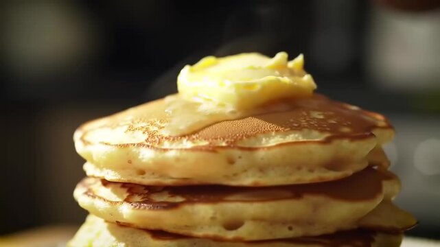 Butter being spread on a stack of pancakes