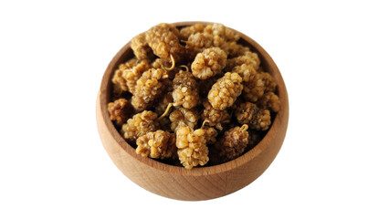 Sun-dried white mulberries in a snack bowl offer iron-rich, antioxidant-packed sweetness: a chewy, fiber-filled superfood for energy and immunity isolated on white background