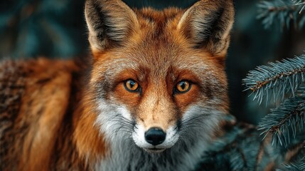 Obraz premium Close up portrait of a red fox standing among evergreen branches in a forest during winter