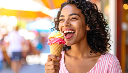 Joyful young woman with curly hair enjoys delicious multi-flavored ice cream cone outdoors on a sunny day, feeling happy and carefree.