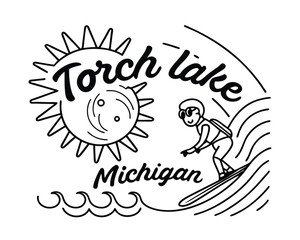 Torch Lake Michigan summer fun illustration featuring a surfer enjoying a beautiful day on the water with bright sun illustration