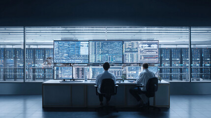 Data control center with technicians monitoring complex systems. Ideal for tech, cybersecurity, or artificial intelligence themes. Modern, clean, and professional.