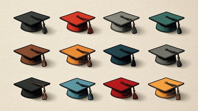 Graduation cap icons in flat and outline styles, ideal for graduation announcements, education infographics, and ceremony designs