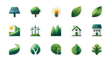 Green energy icons featuring solar, wind, and renewable sources, ideal for sustainability reports, UI design, and eco branding projects