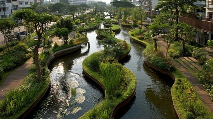 Green infrastructure projects using vegetation and design to manage water and reduce heat, ideal for climate adaptation and urban planning