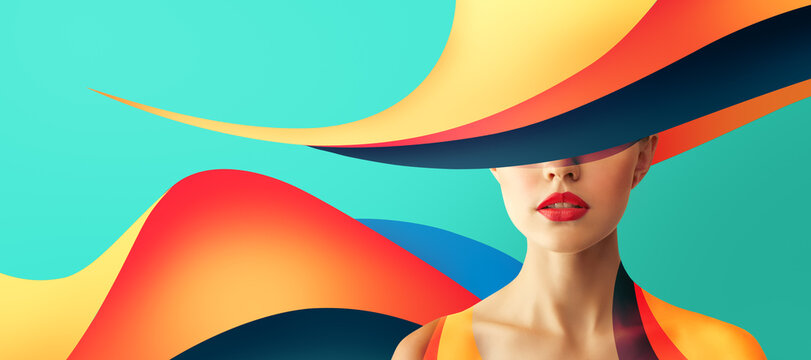 Stylish Young Woman with Vibrant Red Lips and a Colorful Abstract Hat Against a Modern Teal Background for Fashion and Beauty Concepts - Powered by Adobe