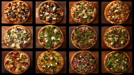 Top View of Multiple Pizzas with Different Toppings