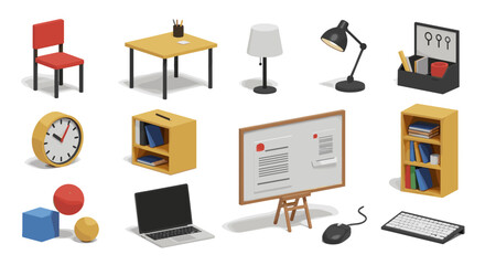 Isometric view of office furniture including desk chair and computer