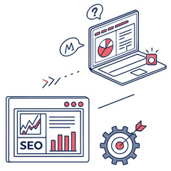 Obraz premium Seo strategy optimization and analytics for website ranking and content marketing on laptop and browser