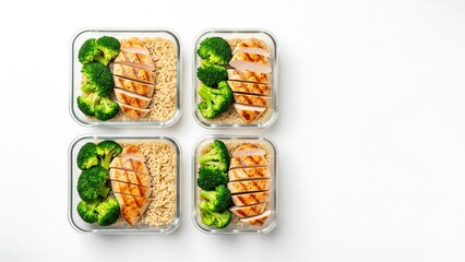 Minimalist top view of healthy meal prep containers with chicken, rice, and broccoli on white background, ideal for diet, nutrition, and lifestyle content with copy space.