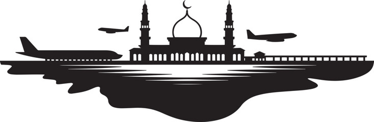 Mosque Silhouette with Airplanes on Transparent Background Vector Illustration