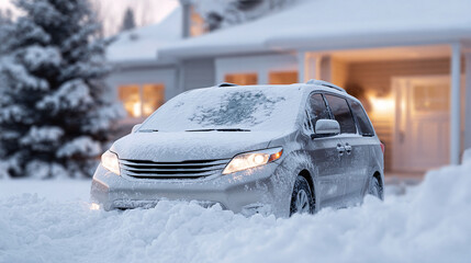 Winter scene of a car covered in snow, parked near a house. Represents challenges, weather, and resilience.  Ideal for insurance, automotive or seasonal promotions.