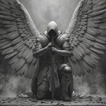 A powerful kneeling angel warrior in armor with a sword