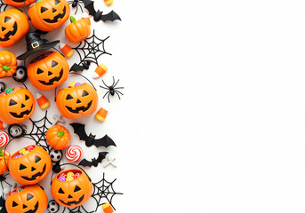 Festive Halloween border template with carved pumpkins, candy corn, spider webs and bats.