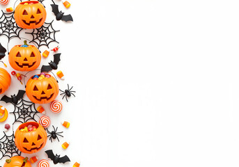 Halloween party invitation background with pumpkins, candy corn, spider webs and bats