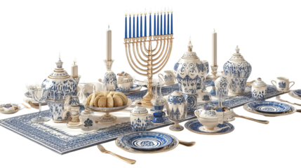 Elegant festive table setting with blue and white porcelain, featuring a menorah and delicious pastries.