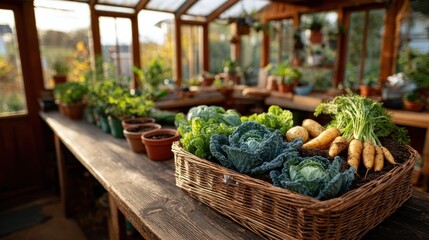 Jardins d'automne dévoilent des légumes récoltés dans une serre lumineuse et accueillante