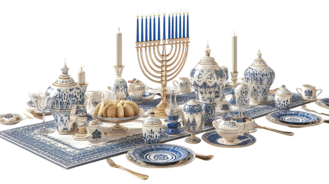 Elegant festive table setting with blue and white porcelain, featuring a menorah and delicious pastries.