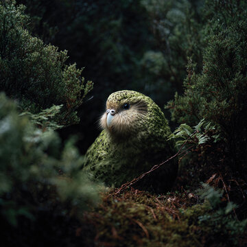 Majestic bird portrait, nestled among lush green foliage. Evokes nature, wildlife,  conservation. Ideal for environmental, travel, or educational content.