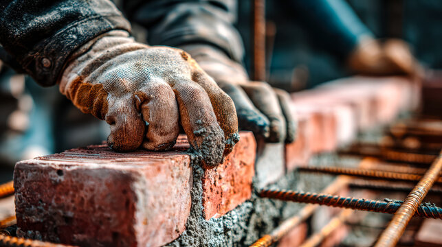 Construction worker's hand placing bricks for building mortar in a brick wall project