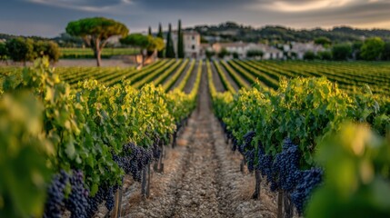 Vignobles en soirée, entre ombres et lumière dans un paysage enchanteur